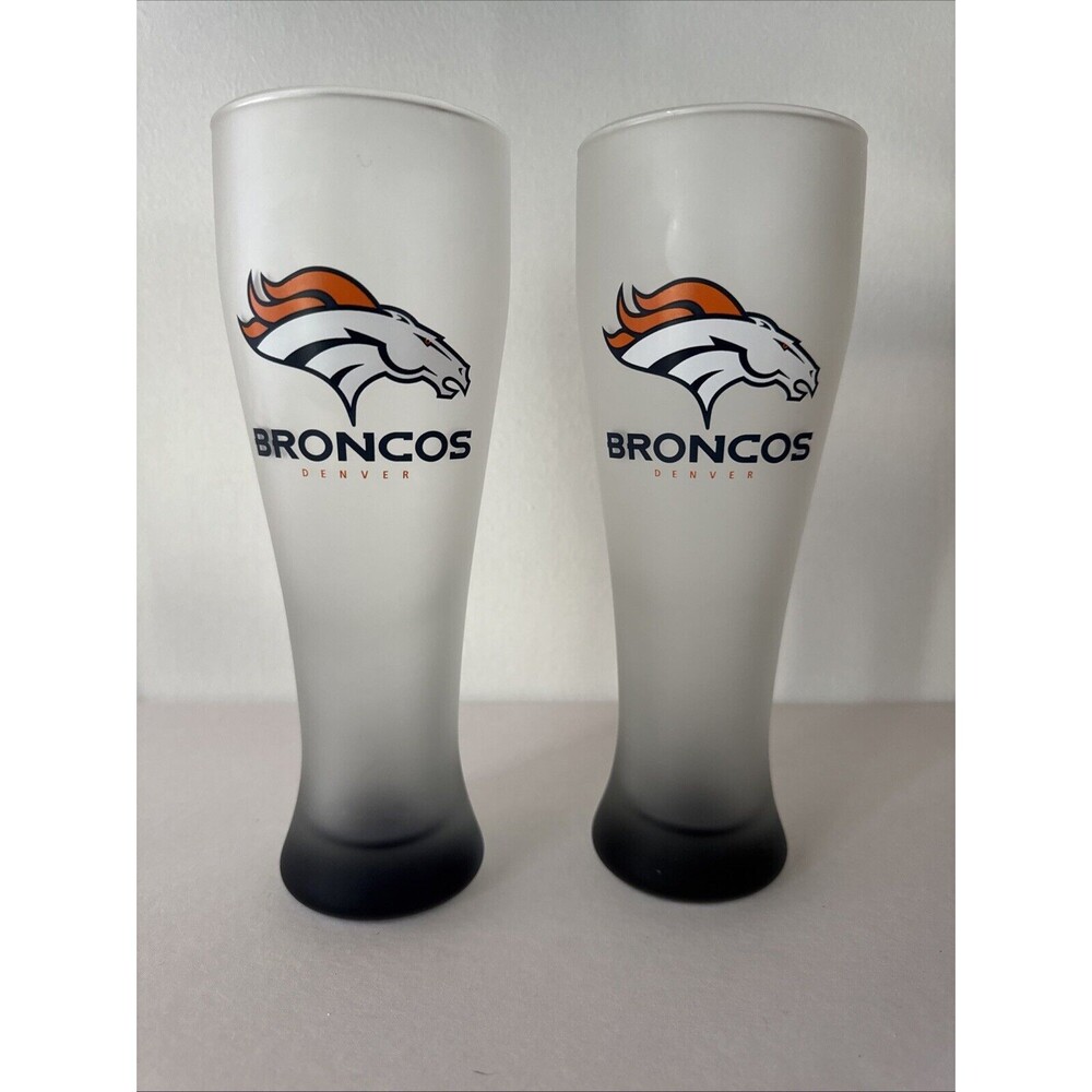 2 Denver Broncos NFL 23oz Frosted Pilsner Glass Cobalt Blue Glass Bottoms